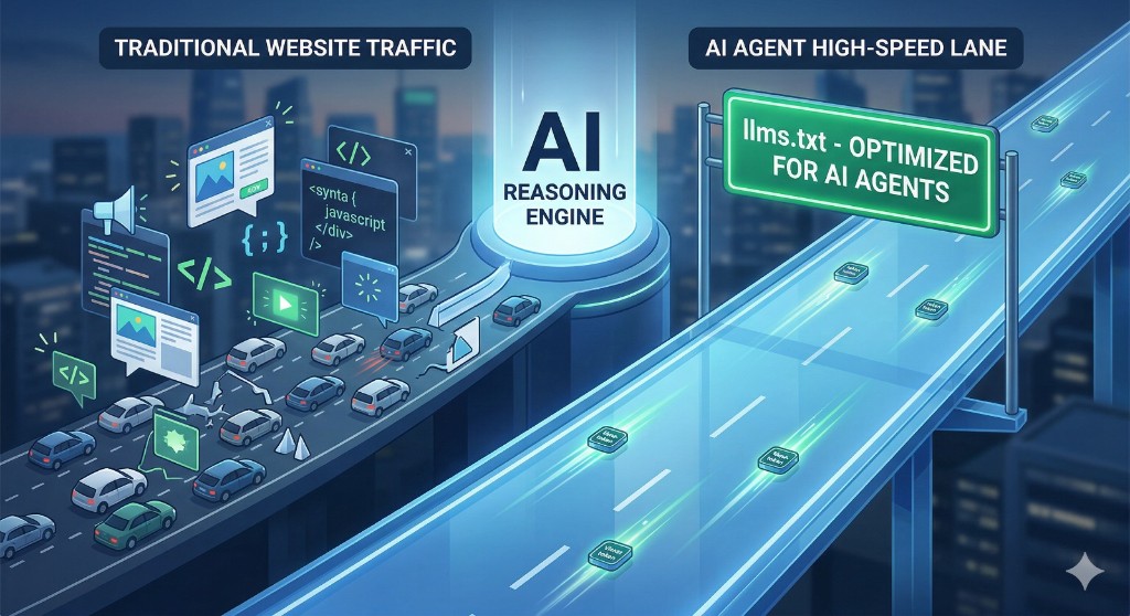 Concept art comparing traditional website traffic with an AI agent high-speed lane optimized for llms.txt, centered on an AI reasoning engine.