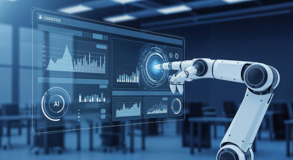 Robotic arm interacting with a digital AI logistics dashboard.