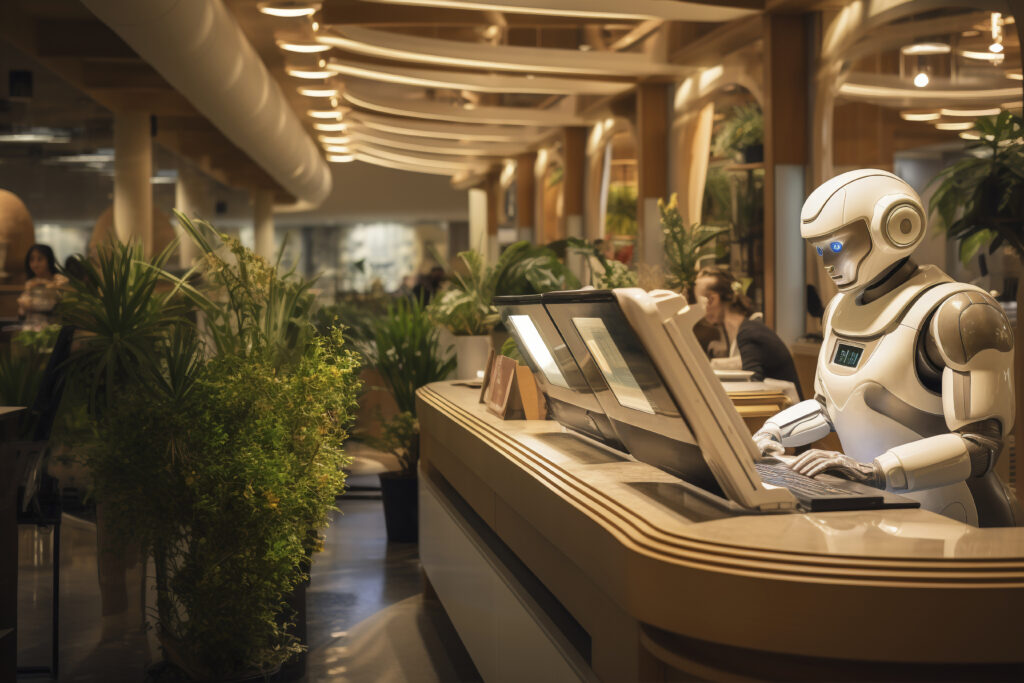 Humanoid robot working at a modern office front desk.